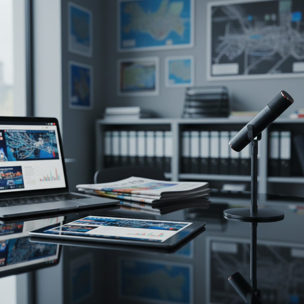 A close-up photographic scene of a polished glass-topped newsroom desk featuring a neatly arranged tablet displaying a news homepage, a slim laptop slightly ajar, a small stack of printed newspapers, and a dark metal microphone on a minimalist stand. The devices show maps, charts, and headlines about metropolitan events, all slightly blurred to avoid specific text. Cool daylight from a nearby window creates gentle reflections on the glass surface and subtle highlights along the metal edges. The background is softly out of focus, hinting at shelves with organized folders and city maps pinned to a wall. Shot at eye level with a shallow depth of field, the mood is professional, focused, and credible, reflecting a serious urban news environment with modern photographic realism.