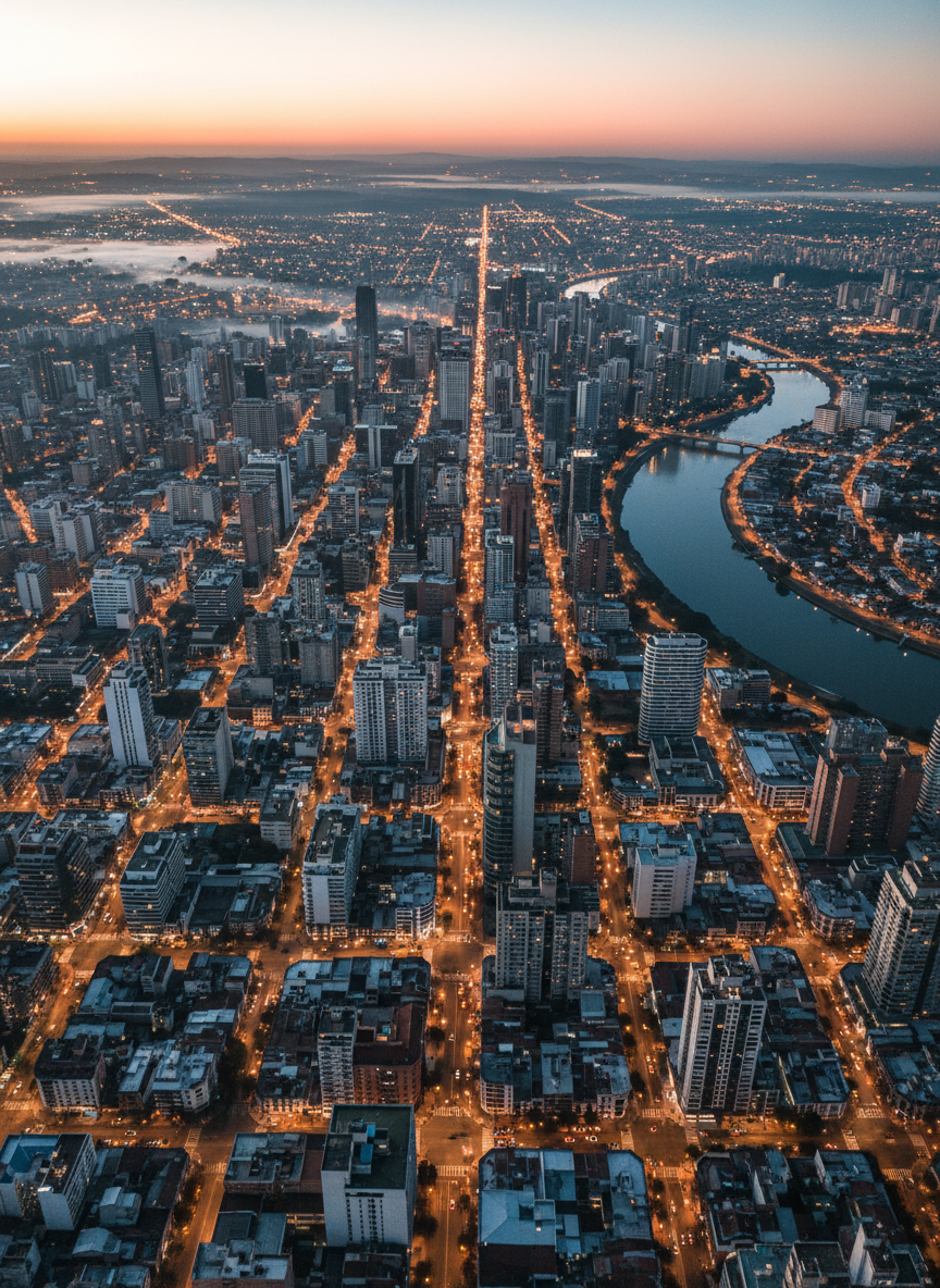 An expansive aerial photographic view of a dense Latin American metropolitan area at dawn, with a clear focus on the orderly grid of streets, varied building heights, and a prominent river curving through the city. Streetlights and traffic signals create warm, dotted lines of light against the cool blue of the early sky. Low, golden natural light from the horizon grazes rooftops, accentuating textures of concrete, brick, and glass. The atmosphere feels calm yet expectant, suggesting a city about to wake. Captured with sharp focus across the entire frame, using a wide-angle lens and balanced composition that emphasizes both the urban core and surrounding neighborhoods. The overall style is clean, journalistic photographic realism, suitable as a universal header image for a metropolitan news site.